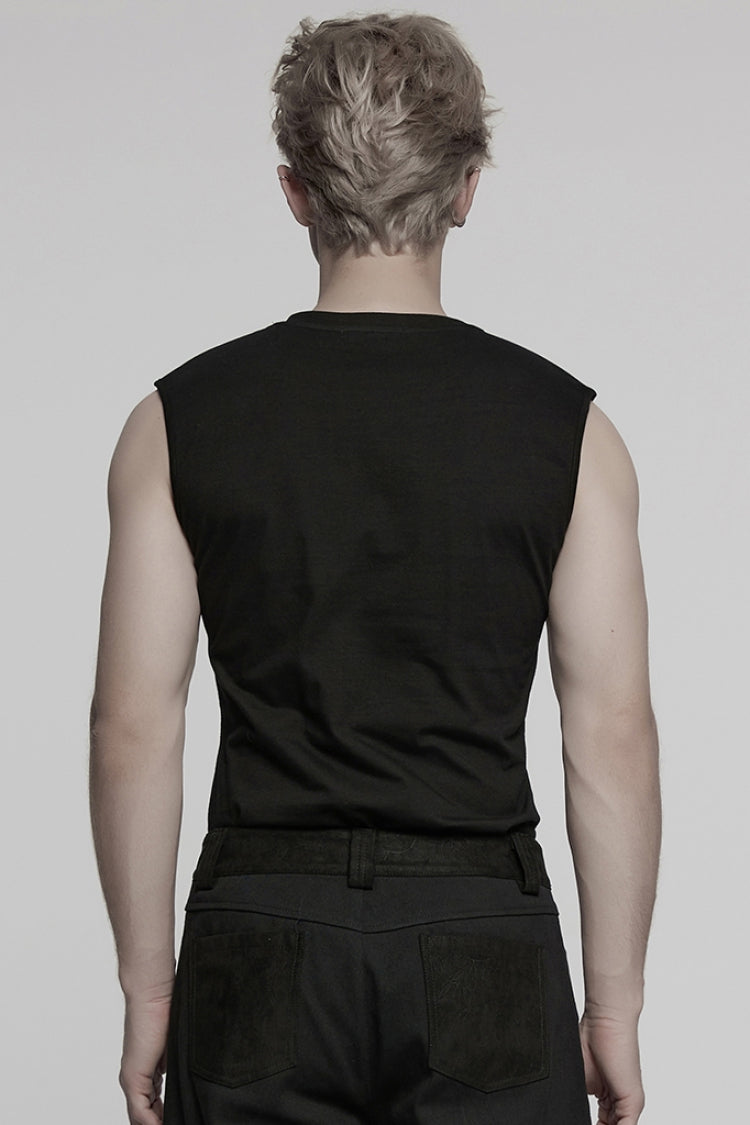 Black Round Collar Sleeveless Studded Stitching Shoulder Patched Punk Vest