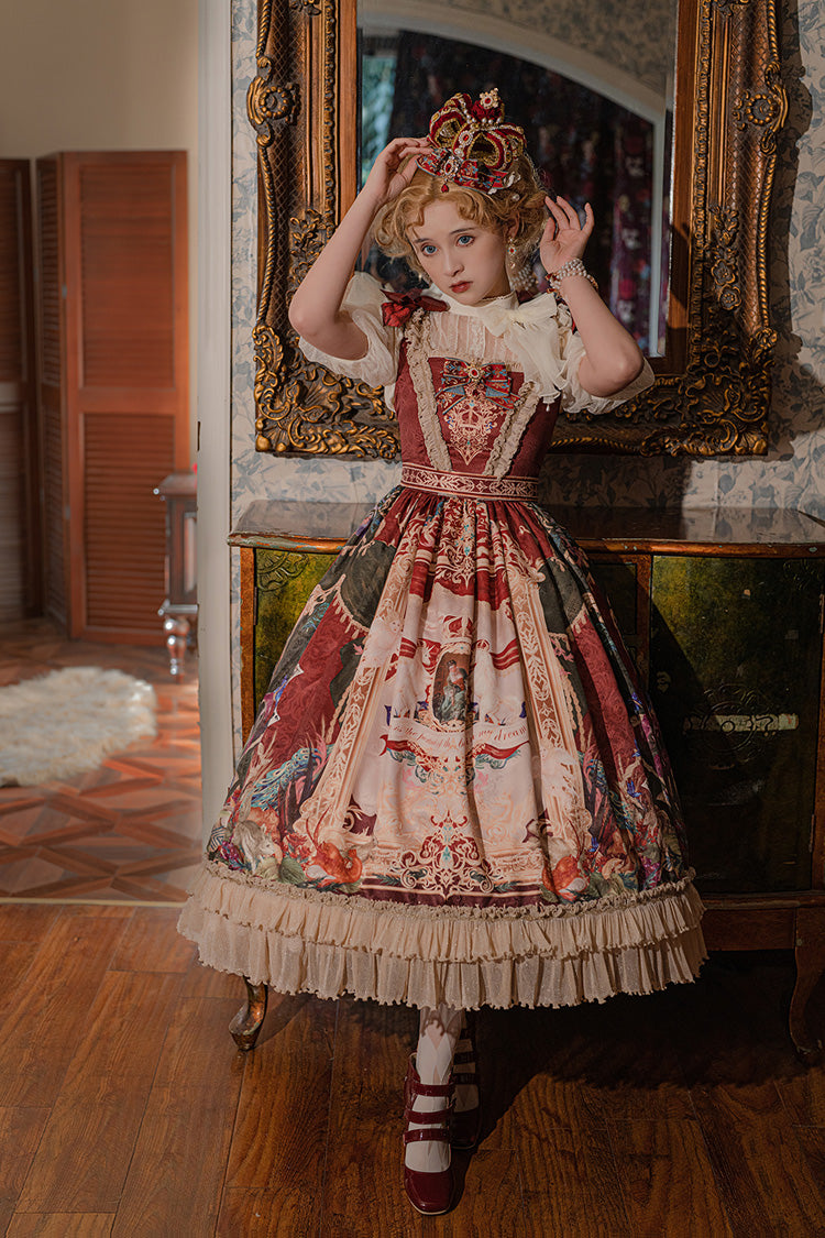 Red [kaleidoscope of Dreams] Sleeveless Double-layered Print Embroidery Bowknot Classic Lolita Jsk Dress