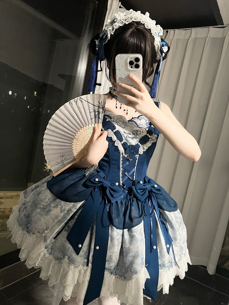 [pre-order Deadline: May 6] Dark Blue Moonlight Sea Lace Ribbon Layered Dress + Accessories