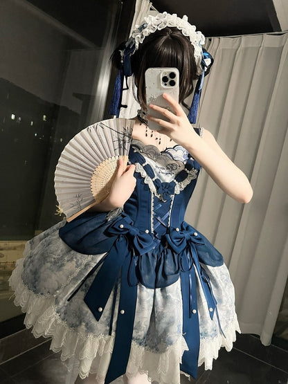[pre-order Deadline: May 6] Dark Blue Moonlight Sea Lace Ribbon Layered Dress + Accessories