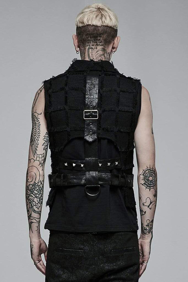 Black Gothic Asymmetrical Decadence Hairy Flu Back Cutout Design Leather Strip Metal Rivets Vest