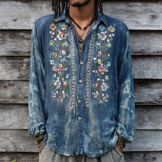 Vintage Boho Floral Embroidery Men's Linen Long Sleeve Shirt elevenforest