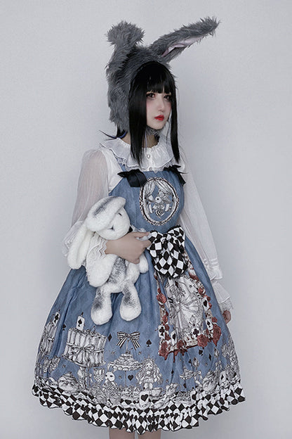 Multi-color Blue Alice Bunny and Princess Party Print Sleeveless Bowknot Classic Gothic Lolita Jsk Dress