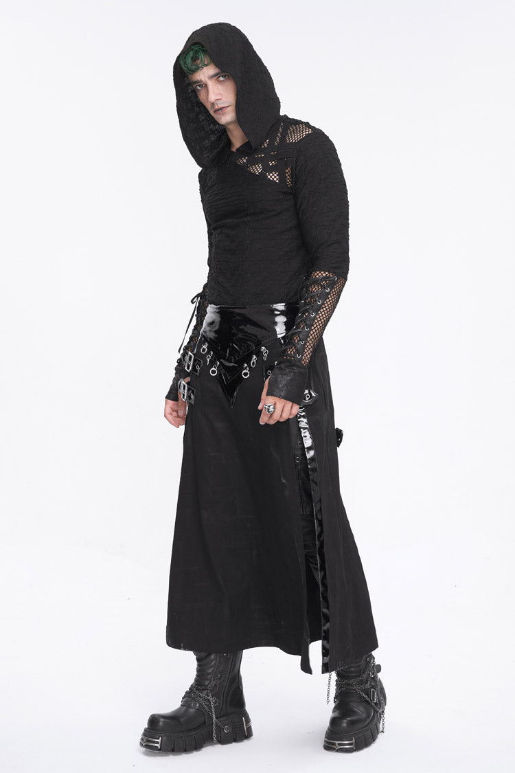 Black Lace Up Mesh Splice Long Sleeve Punk Hoodies