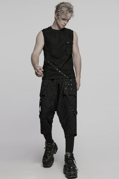 Black Round Collar Sleeveless Stitching Mesh Ripped Punk Vest