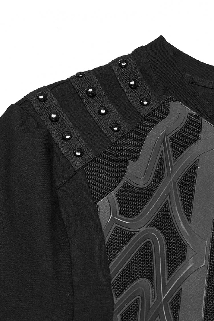 Black Round Collar Short Sleeves Studded Buckle Strap Punk T-shirt