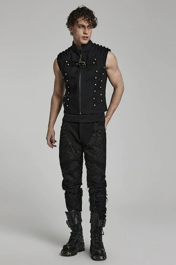Black Stand Collar Sleeveless Stitching Buckle Decoration Steampunk Vest
