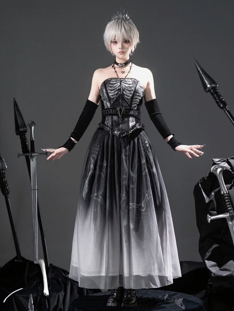 [pre-order Deadline: June 8] Phantom Knight Dark Gothic Skeleton Bustier Corset Top (with Cross Straps + Waist Belt)