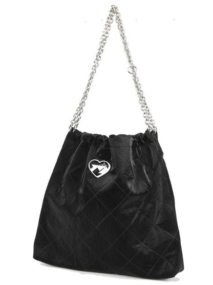 Cool Metal Diamond Quilted Leather Chain Tote Bag