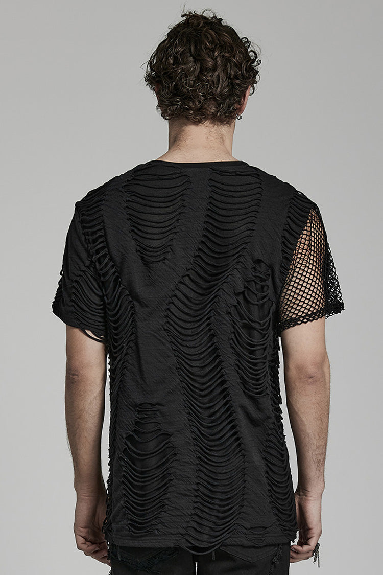 Black Short Sleeves Stitching Mesh Ripped Punk T-shirt