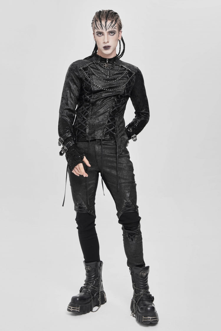 Black Stitching Lace-up Mesh Chain Punk Blouse