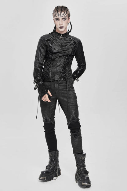 Black Stitching Lace-up Mesh Chain Punk Blouse