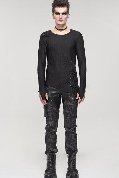 Black Gothic Asymmetry Drawstring Decoration Coarse Net Shirt