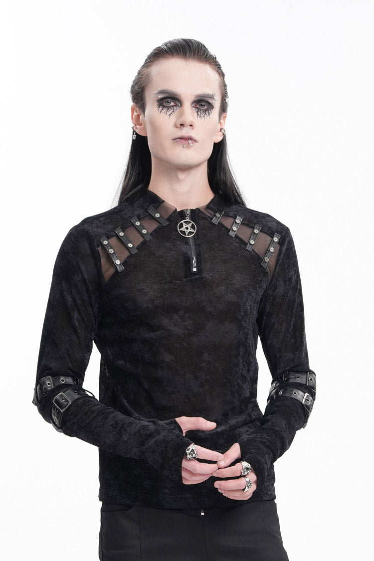Black Round Collar Long Sleeves Buckle Star Studs Gothic T-shirt