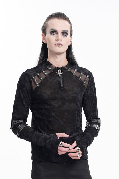 Black Round Collar Long Sleeves Buckle Star Studs Gothic T-shirt