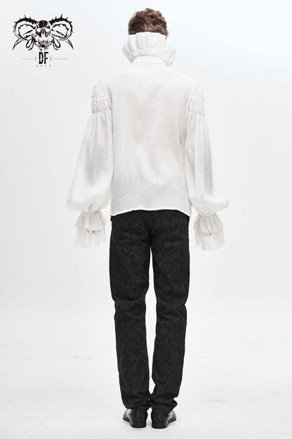 White Ruffle Stand Collar Lantern Sleeves Jacquard Gothic Blouse
