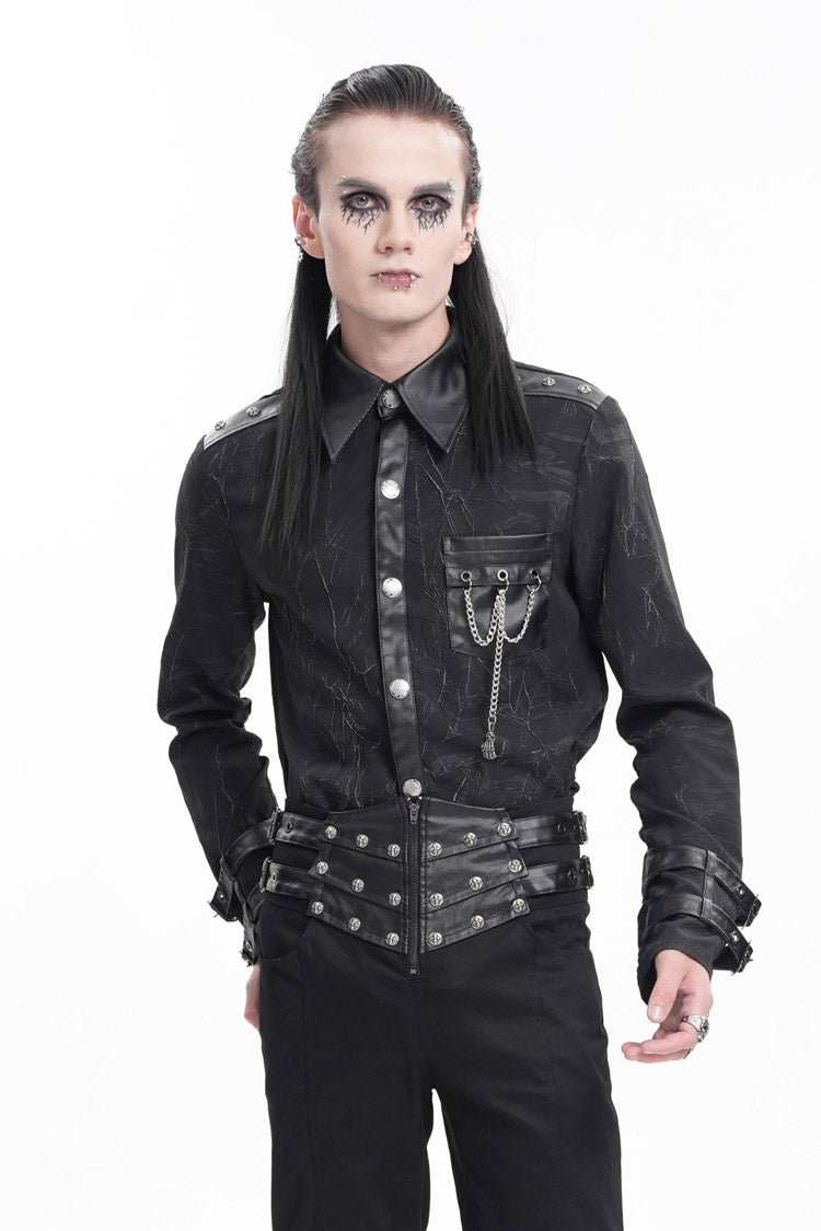 Black Lapel Collar Long Sleeves Buckle Chain Gothic Blouse