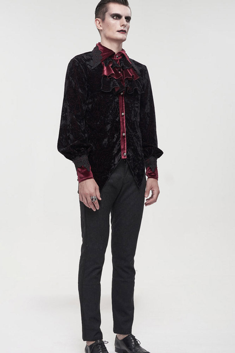 Black/red Gothic Lace Stand Collar Ruffle Lantern Sleeves Velvet Crack Shirt
