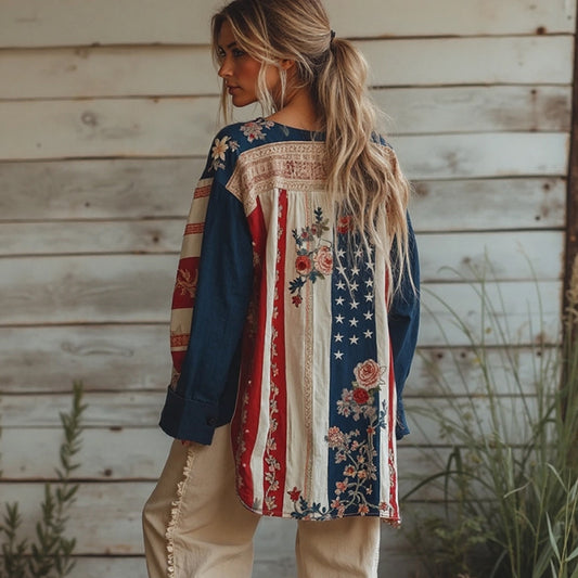 Women's Vintage American Flag Floral Embroidered Cotton And Linen Cardigan elevenforest