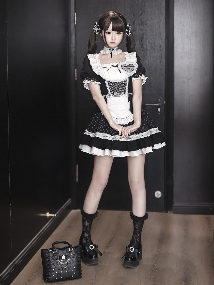 [order Deadline: May 15] Black X White Lace Ruffle Maid Dress Full Set + Cross Choker