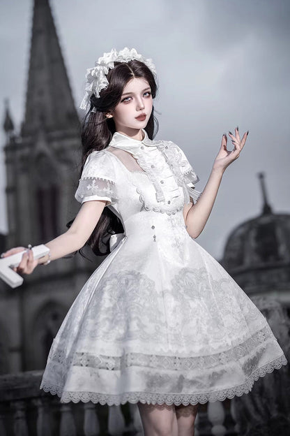White Lapel Collar Short Sleeves Printed Ruffled Lace Classic Gothic Lolita Dress