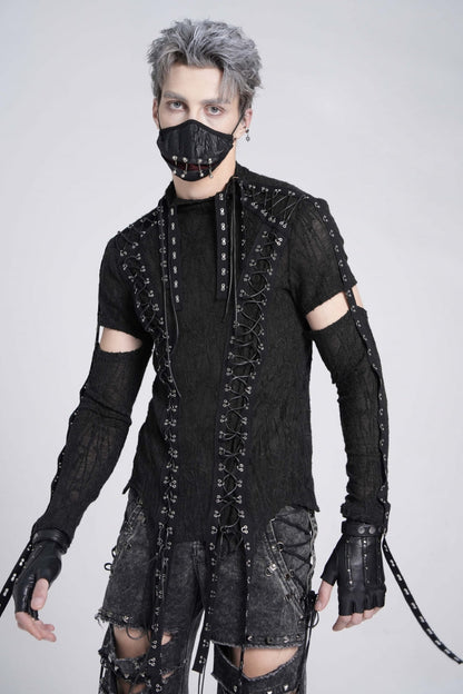 Black Long Sleeves Strap Lace-up Irregular Mesh Gothic T-shirt