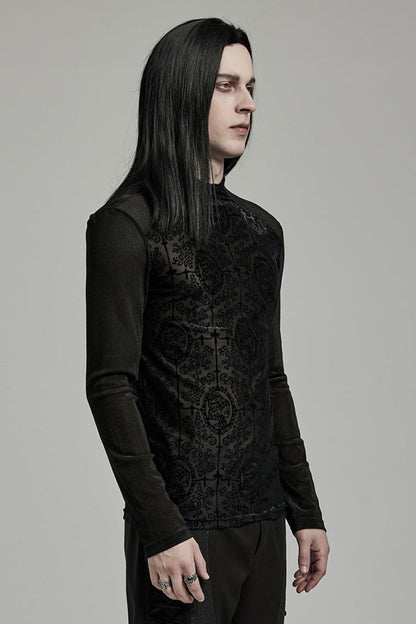 Black Stand Collar Long Sleeves Embroidery Cross Flocking Gothic Blouse
