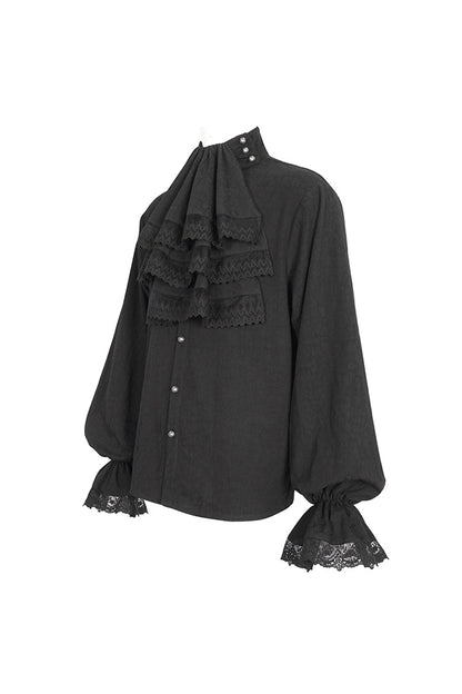 Black Puff Sleeved Stand Collar Gothic Shirt With Necktie