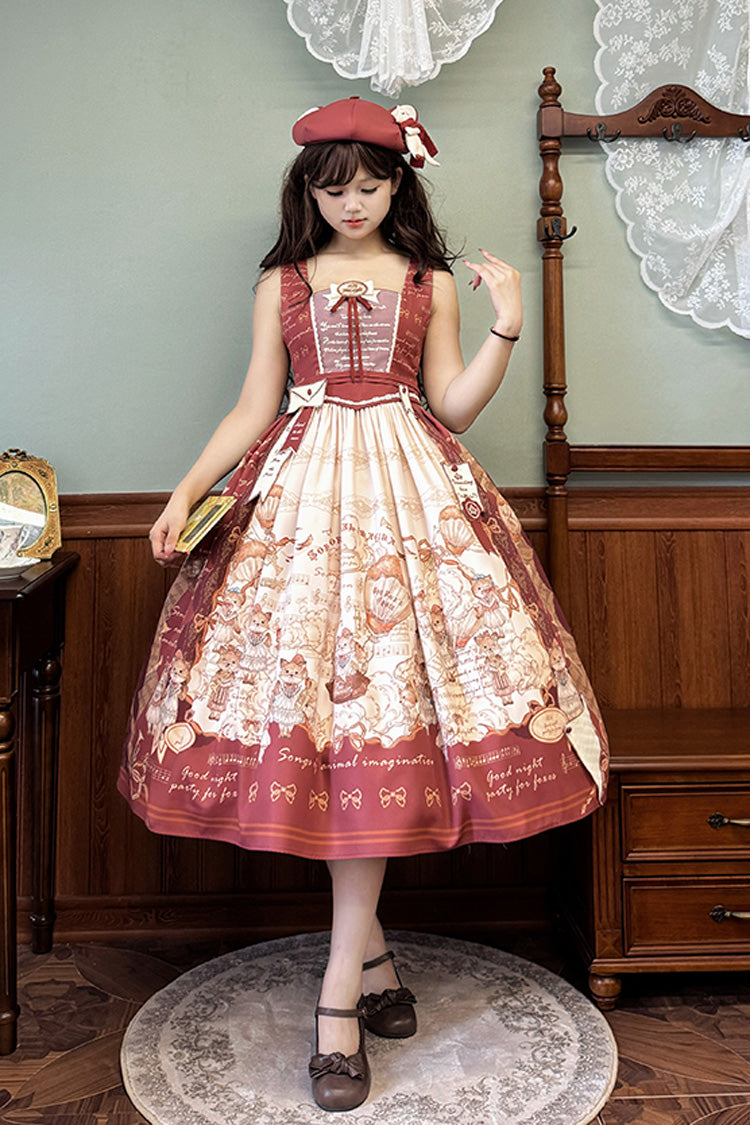 Wine Red [fox Band] Print Square Collar Bowknot Classic Lolita Jumper Dress