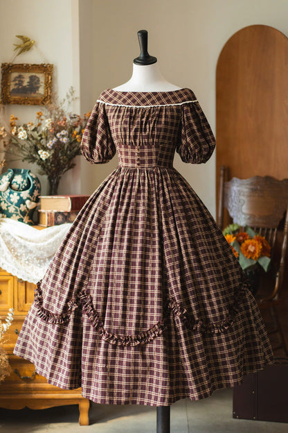 Dark Red [forest Picnic] Boat Neck Short Sleeves Printed Lift-hem Ruffled Classic Lolita Dress
