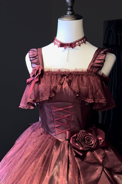 Red Square Collar Sleeveless Ruffled Bow Lace-up Classic Princess Lolita Jsk Dress