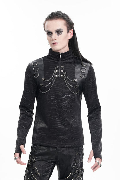 Black Chain Rings Stand Collar Long Sleeves Gothic T-shirt