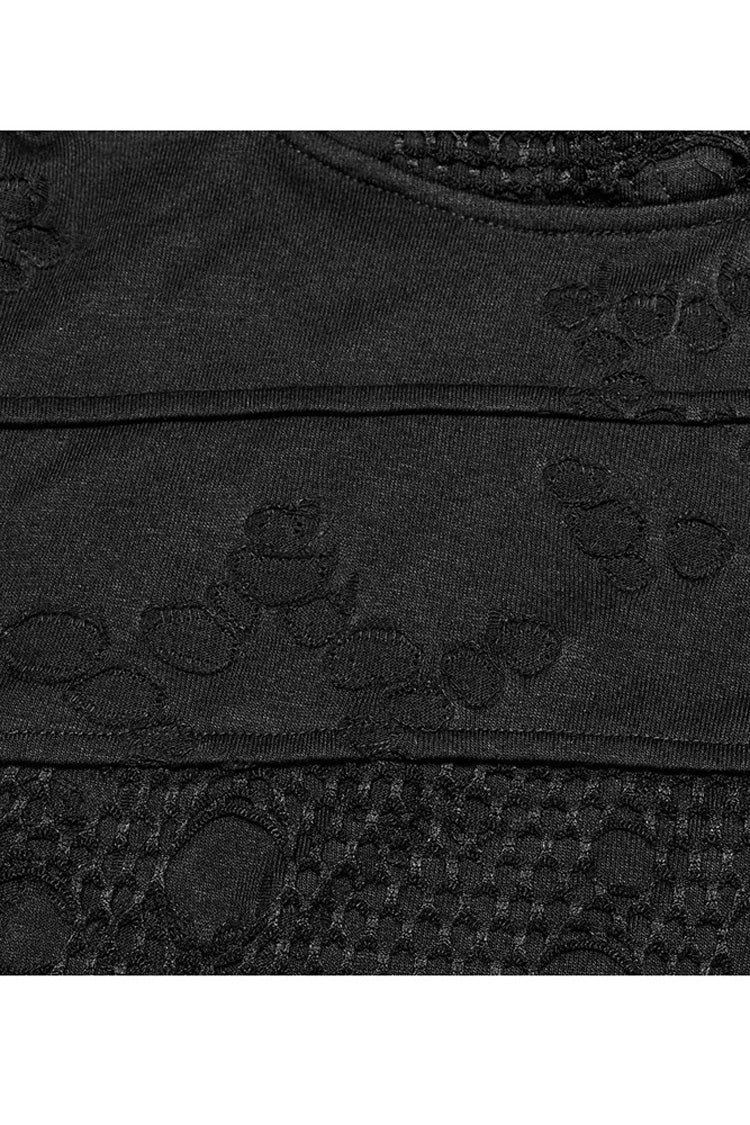 Black Punk Ripped Knit Mesh Surface Splicing Detachable Ring Sleeve Webbing Hooded T-shirt