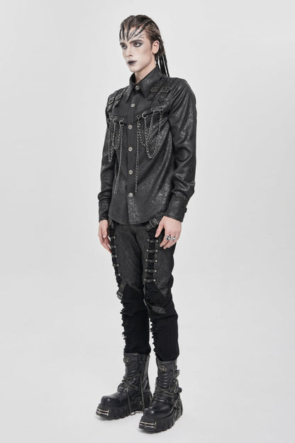 Black Lapel Collar Long Sleeves Buckled Strappy Chain-decorated Punk Shirt
