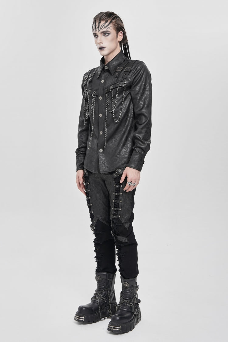 Black Lapel Collar Long Sleeves Buckled Strappy Chain-decorated Punk Shirt