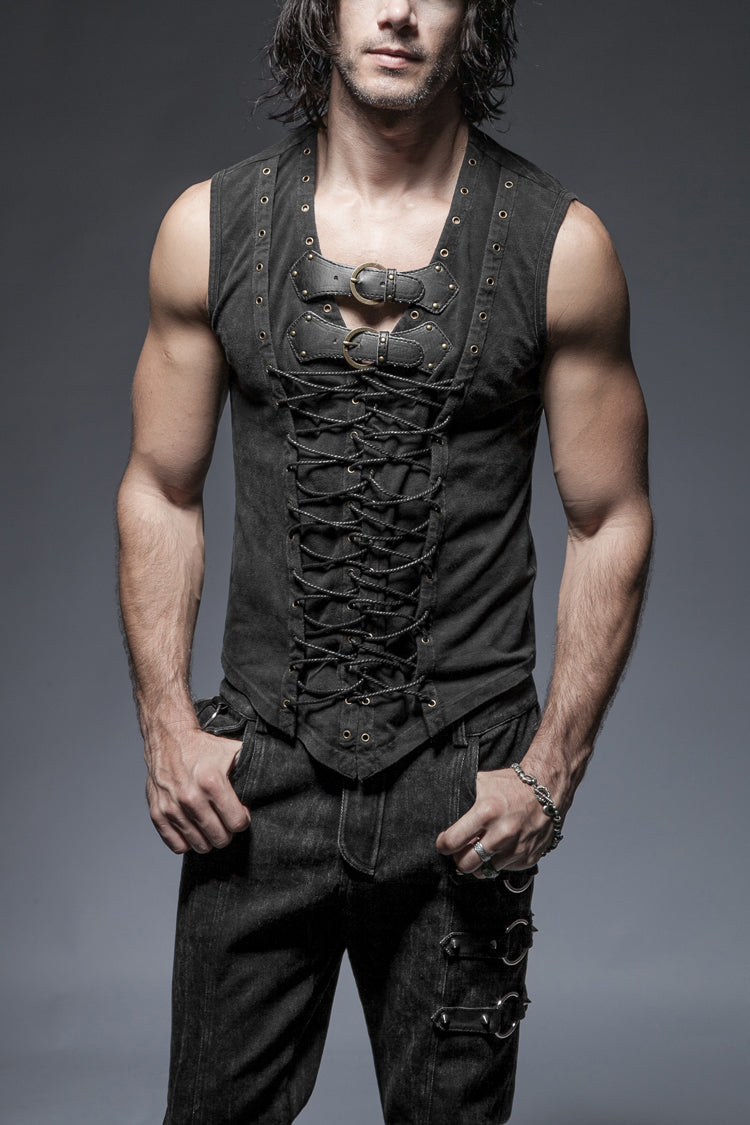 Black V Collar Sleeveless Metal Rings Cross Lace-up Steampunk Vest