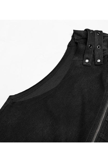 Black Punk Stand Collar Anterior Middle Asymmetry Design Zipper Shoulder Decorate Webbing Vest
