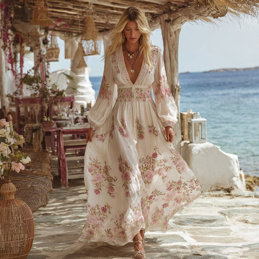 Women's Boho Style Rose Art Long-sleeved V-neck Dress elevenforest