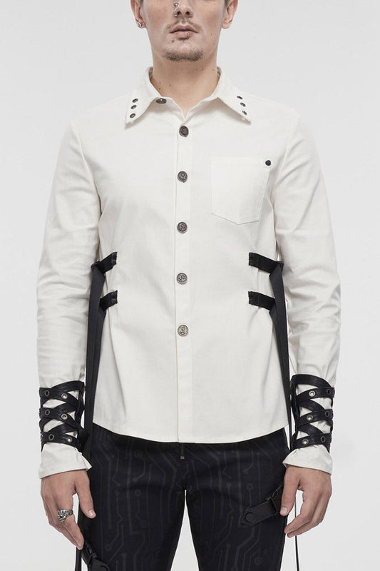 White Punk Nylon Strap Metal Buckle Decoration Long Sleeve Elasticity Thick Shirt