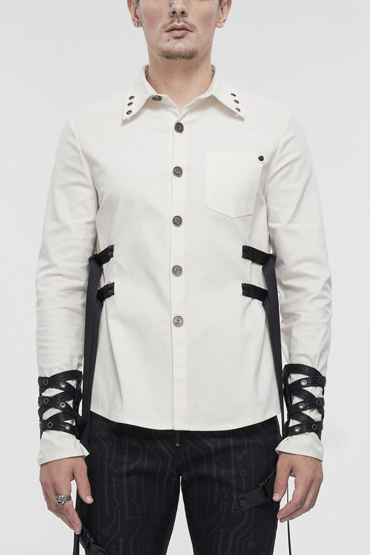 White Punk Nylon Strap Metal Buckle Decoration Long Sleeve Elasticity Thick Shirt