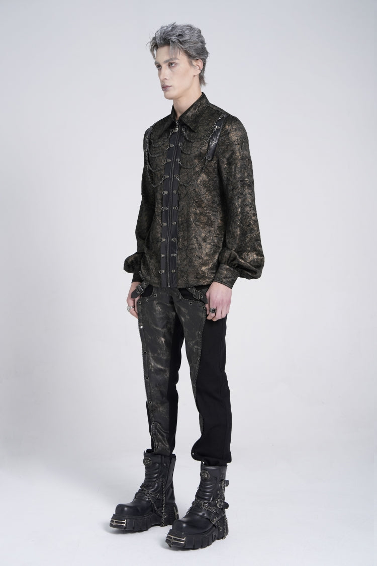 Black Lapel Collar Long Puff Sleeves Faux Leather Stitching Gothic Blouse With Chain