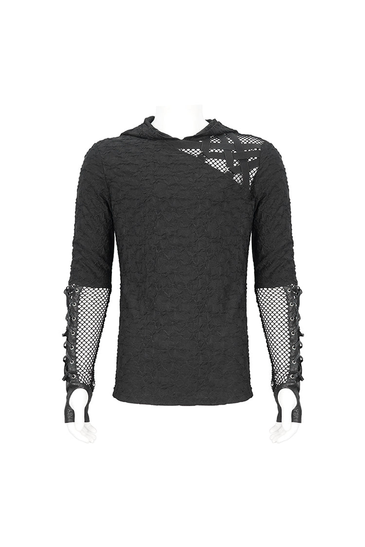 Black Lace Up Mesh Splice Long Sleeve Punk Hoodies