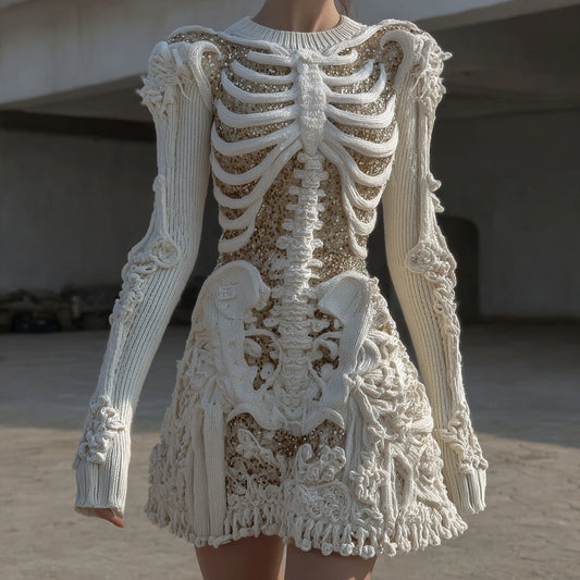 Women's Vintage Skull Floral Art Cozy Sweater Dress elevenforest