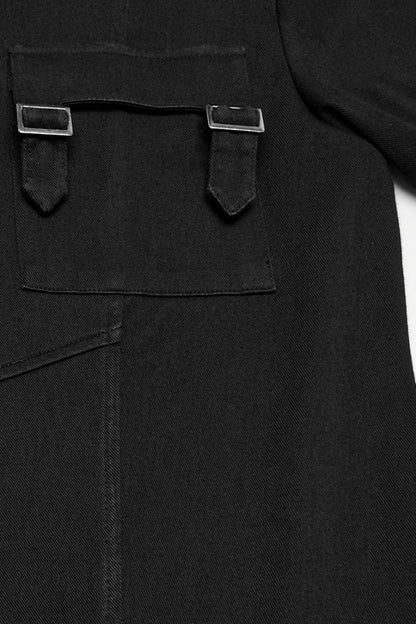 Black Round Collar Short Sleeves Pocket Denim Punk T-shirt