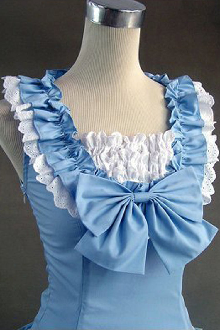 Blue Cotton Square Collar Sleeveless Floor Length Pleats Classic Lolita Dress