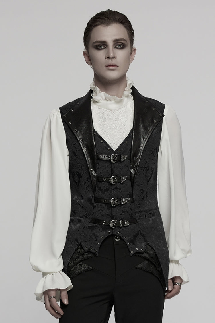 Black Lapel V-neck Sleeveless Jacquard Buckle Gothic Vest