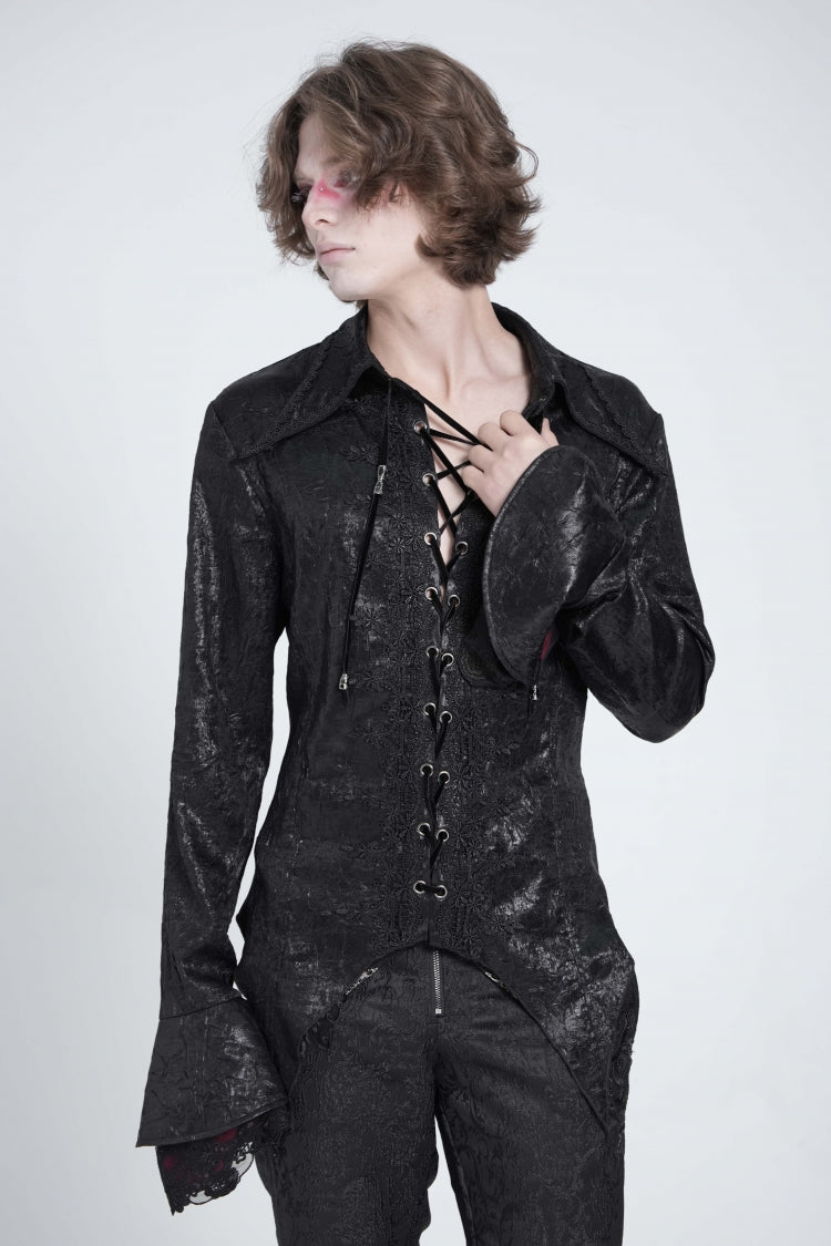 Black Long Trumpet Sleeves Lace-up Gothic Swallow-tailed Blouse