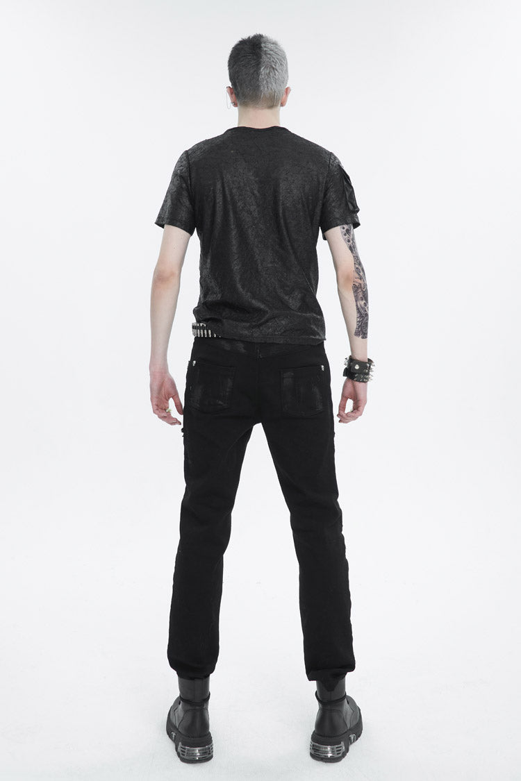 Black Print Buckle Splice Faux Leather Punk T-shirt