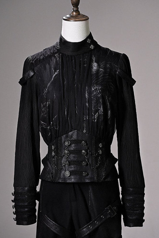[pre-order Deadline: June 8] Phantom Knight Dark Gothic Prince Waist Button Detail Black Top