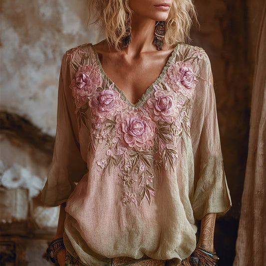 Women's Bohemian Rose Gradient Long Sleeve T-shirt elevenforest